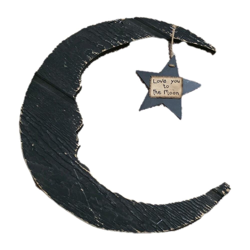 Vintage Primitive Celestial Moon & Star Hanging Wooden Sign Hippie Love You